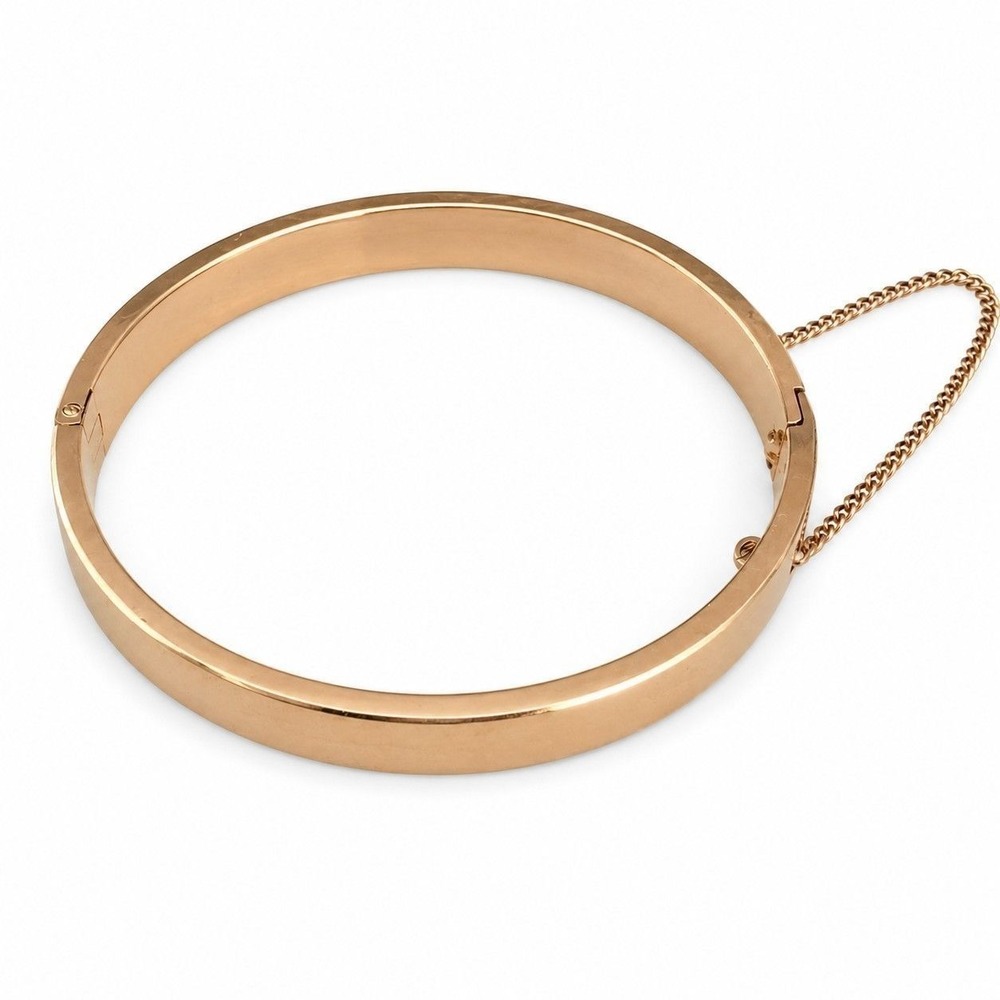 Vintage 1940s W Germany Gold Tone Clamper Bangle Bracelet with Safety Chain